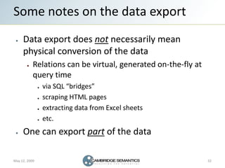Some notes on the data export
     Data export does not necessarily mean
     physical conversion of the data
           R...