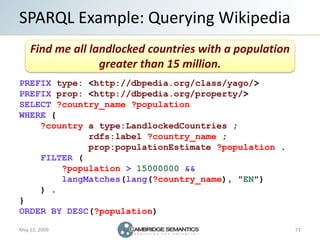 SPARQL Example: Querying Wikipedia
    Find me all landlocked countries with a population
                  greater than 1...