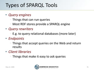 Types of SPARQL Tools
   Query engines
         Things that can run queries
         Most RDF stores provide a SPARQL engi...