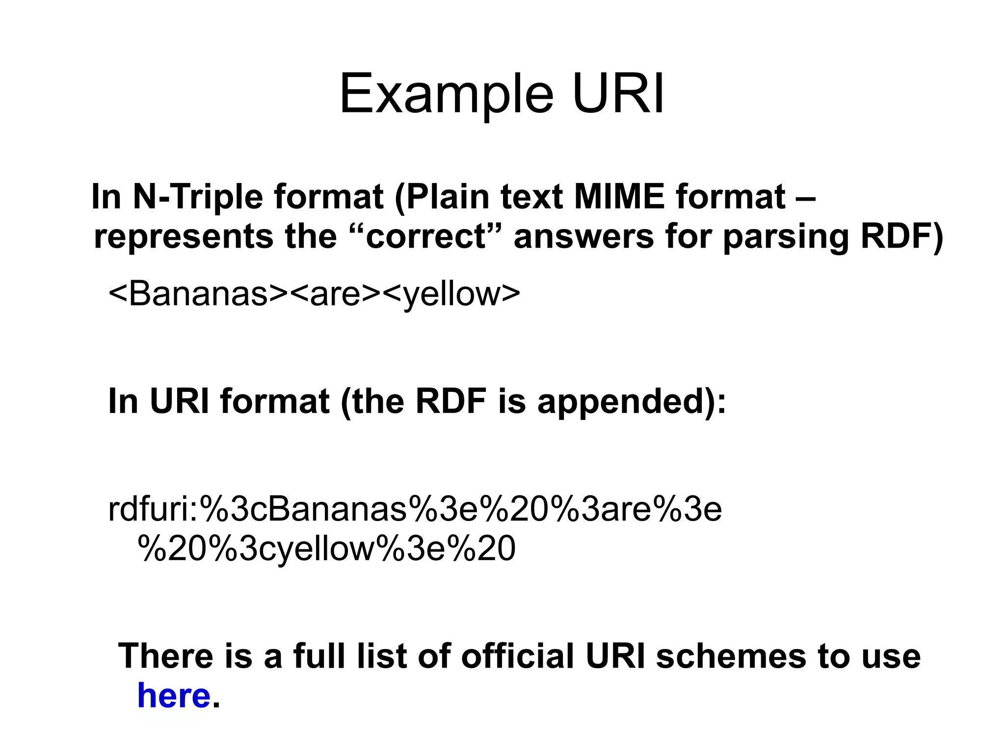 Example URI In N-Triple format (Plain text MIME format – represents the “correct” answers for parsing RDF) <Bananas><are><yellow> In URI format (the RDF is appended): rdfuri:%3cBananas%3e%20%3are%3e%20%3cyellow%3e%20 There is a full list of official URI schemes to use  here . 