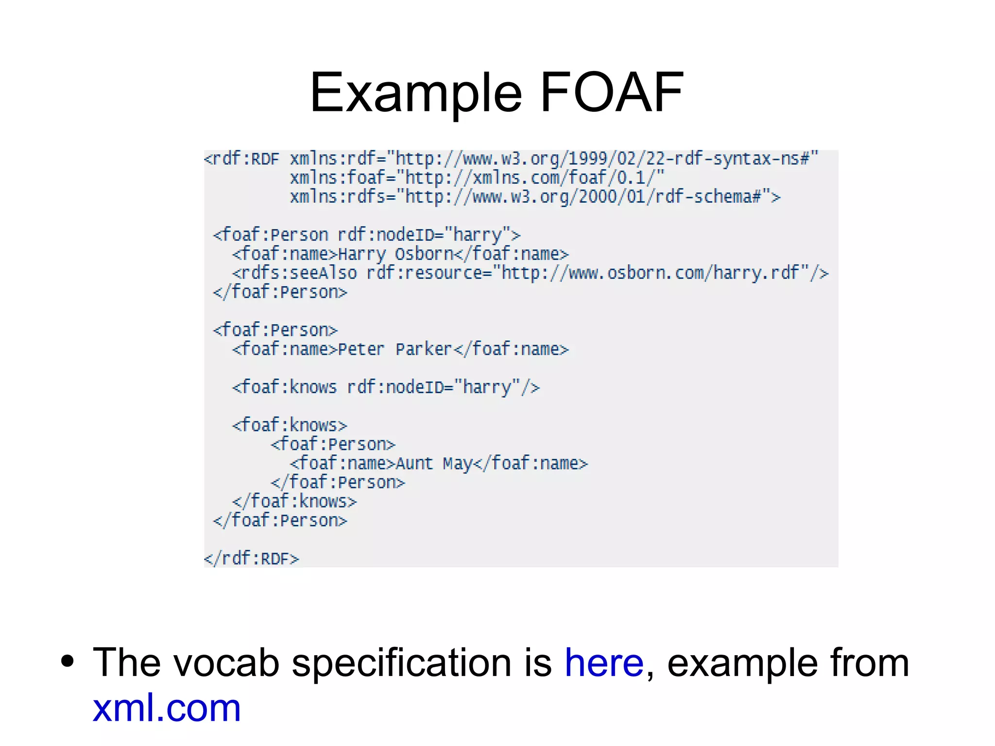 Example FOAF The vocab specification is  here , example from  xml.com 