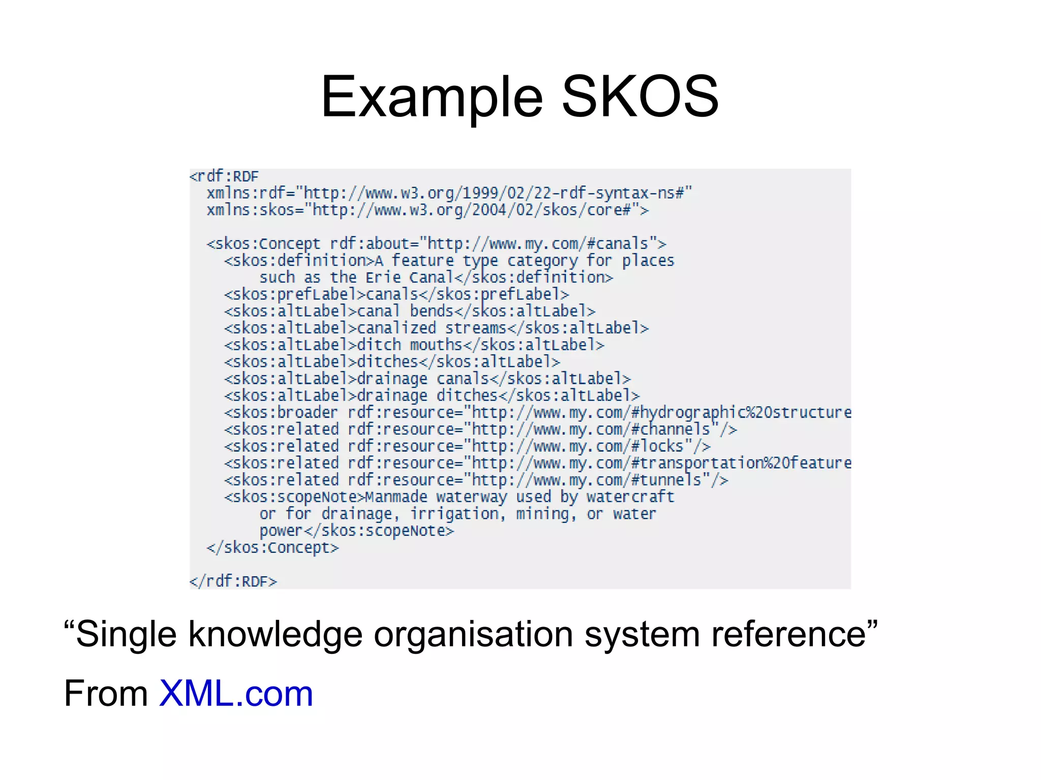 Example SKOS “ Single knowledge organisation system reference” From  XML.com 