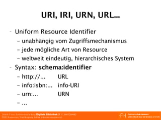 URI, IRI, URN, URL... Uniform Resource Identifier unabhängig vom Zugriffsmechanismus jede mögliche Art von Resource weltweit eindeutig, hierarchisches System Syntax:  schema:identifier http://... URL info:isbn:... info-URI urn:... URN ... 