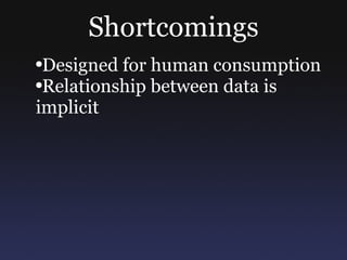 Shortcomings Designed for human consumption Relationship between data is implicit