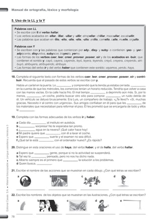 78
Manual de ortografía, léxico y morfología
EditorialCasalsS.A.•Materialfotocopiable•Lenguacastellanayliteratura3
5. Uso de la LL y la Y
18. Completa el siguiente texto con formas de los verbos caer, leer, creer, proveer, poseer, oír y contri-
buir. Recuerda que el pasado de estos verbos se escribe con y.
Había un cartel en la puerta. Lo y comprendió que la tienda ya estaba cerrada.
en la cuenta de que los miércoles, los comercios tenían un horario reducido. Tendría que volver a casa
con las manos vacías. En la calle hacía frío. El mal tiempo a deprimirlo aún más. Si, por lo
menos, un coche, podría buscar otro sitio para comprar. un ruido detrás de
él. Un vehículo se detuvo bruscamente. Era Luis, un compañero de trabajo. «¿Te llevo?» «Sí, muchas
gracias. Necesito ir al centro con urgencia». Sus amigos conﬁaban en él para que les de
los materiales que necesitaban para reformar el piso. Él les prometió que se encargaría de todo y ellos
le .
19. Completa con las formas adecuadas de los verbos ir y haber.
a Cada día al instituto en autobús.
b ¡ sorpresa! No te esperaba tan pronto.
c ¿ agua en la nevera? ¡Qué calor hace hoy!
d Mi padre quiere que con él a lavar el coche.
e Espero que suerte y el examen no sea difícil.
f ¿Qué tal te está con el ordenador nuevo? ¿Es rápido?
20. Distingue en esta oraciones el uso de haya, del verbo haber, y el de halla, del verbo hallar.
a Espero que gente, porque si no la actividad se suspenderá.
b Tal vez lo pensado, pero no nos ha dicho nada.
c Alberto siempre es el primero que la solución a los problemas.
d Quien busca, .
21. Escribe el nombre de las acciones que se muestran en cada dibujo. ¿Con qué letras se escriben?
a b c d
22. Escribe los nombres de los objetos que se muestran en las ilustraciones. ¿Con qué letras se escriben?
a b c d e
 