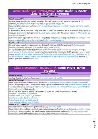 Anna M. Ribas Margarit
Pàgina
13
LÈXIC I SEMÀNTICA - NIVELL MITJÀ- CAMP SEMÀNTIC I CAMP
LÈXIC, HIPERÒNIMS I HIPÒNIMS
DEFINICIÓ I EXEMPLES
CAMP SEMÀNTIC
És un grup de paraules del mateix tema (les flors, els transports, els elements químics…). Per
exemple, les parts del dia: matinada, matí, migdia, tarda, vespre, nit.
Poden ser diferents segons les llengües: el peix català és pez-pescado en castellà i la falda castellana és falda i
faldilla en català.
L’HIPERÒNIM és el nom del camp semàntic o tema i L’HIPÒNIM és el nom dels mots que s’hi
inclouen (transports és hiperònim, i cotxe, avió, vaixell, són hipònims) edifici és l’hiperònim de
casa,escola,església...
Cal reconèixer els hipònims per precisar el significat. Una casa és un edifici però tots els edificis no són
cases. Una orquídea és una flor però totes les flors no són orquídees.
CAMP LÈXIC
És un grup de paraules relacionades per derivació o composició. Per exemple: la família de ric:
enriquir, ricament, riquíssim, ricàs, ricarro, riquet, ricot, ricatxo…
De vegades convé consultar el diccionari: cirurgià és de la mateixa família lèxica que quiròfan, quirúrgic,
quirúrgicament. Canalla i canícula provenen de la mateixa família etimològica de CA (gos), però ja no hi tenen
relació: canalla era ‘gent baixa, menyspreable’ (gossos) i ara és ‘mainada’, i canícula era ‘el període en què la
sortida de l’estrella Ca Major, que és Sírius, coincidia amb la del Sol’ i ara és el’ període estival’. En canvi, la
família gramatical de ca és canilla, caní…
...
LÈXIC I SEMÀNTICA - NIVELL MITJÀ- SENTIT PROPI I SENTIT
FIGURAT
DEFINICIÓ I EXEMPLES
EL SENTIT PROPI
és el significat ordinari d’aquella paraula: hi ha mala maror, mar revolta.
EL SENTIT FIGURAT
és un significat diferent que se li atorga per context: hi ha mala maror ( figurat= mal ambient o malhumor)
Té una relació de polisèmia i la majoria de sentits figurats provenen del cos humà (l’he deixat amb un pam de
nas) o de la literatura : Són llaguts o balandres//els pensaments que em llisquen// pel llac de la memòria// de
la cremada joventut? Joan Vinyoli.
De la frase “s’ha acabat el bròquil”, la Trinca en va treure una cançó plena de sentits figurats:
El bròquil s’està florint; tu ja m’entens.
Però no creiem en el bròquil; tu ja m’entens.
Demà serà un altre dia; tu ja m’entens.
I així el dia de demà, eixe poble cridarà:
“S’ha acabat el bròquil!” Tu ja m’entens...
DENOTACIÓ I CONNOTACIÓ
La denotació d’un mot és el seu significat objectiu : poma com a fruita.
La connotació d’un mot és un significat suggerit, subjectiu per a algú, i no surt al diccionari: poma com a salut,
temptació... Les connotacions són socials o culturals, compartides per parlants (lleó és poder i força, mar és
immensitat...) o bé personals (una vaca recorda el poble a algú que ja no hi viu)
...
 