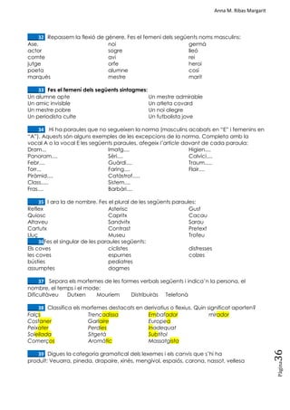 Anna M. Ribas Margarit
Pàgina
36
____32. Repassem la flexió de gènere. Fes el femení dels següents noms masculins:
Ase,
actor
comte
jutge
poeta
marquès
noi
sogre
avi
orfe
alumne
mestre
germà
lleó
rei
heroi
cosí
marit
____33. Fes el femení dels següents sintagmes:
Un alumne apte
Un amic invisible
Un mestre pobre
Un periodista culte
Un mestre admirable
Un atleta covard
Un noi alegre
Un futbolista jove
____34. Hi ha paraules que no segueixen la norma (masculins acabats en ―E‖ i femenins en
―A‖). Aquests són alguns exemples de les excepcions de la norma. Completa amb la
vocal A o la vocal E les següents paraules, afegeix l’article davant de cada paraula:
Dram...
Panoram....
Febr....
Torr...
Piràmid....
Class.....
Fras....
Imatg....
Sèri....
Guàrdi....
Faring....
Catàstrof.....
Sistem....
Barbàri....
Higien....
Calvíci....
Traum.....
Flair....
____35. I ara la de nombre. Fes el plural de les següents paraules:
Reflex
Quiosc
Altaveu
Cartutx
Lluç
Asterisc
Capritx
Sandvitx
Contrast
Museu
Gust
Cacau
Sarau
Pretext
Trofeu
____36Fes el singular de les paraules següents:
Els coves
les coves
bústies
assumptes
ciclistes
espurnes
pediatres
dogmes
disfresses
colzes
____37. Separa els morfemes de les formes verbals següents i indica‘n la persona, el
nombre, el temps i el mode:
Dificultàveu Dutxen Mouríem Distribuiràs Telefonà
____38. Classifica els morfemes destacats en derivatius o flexius. Quin significat aporten?
Falçs
Costaner
Peixater
Solellada
Comerços
Trencadissa
Garlaire
Perdies
Sitgetà
Aromàtic
Embafador
Europea
Inadequat
Subtítol
Massatgista
mirador
____39. Digues la categoria gramatical dels lexemes i els canvis que s‘hi ha
produït: Veuarra, pineda, drapaire, xinès, mengívol, espaiós, carona, nassot, vellesa
 