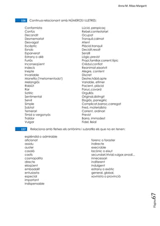Anna M. Ribas Margarit
Pàgina
67
____156. Continua relacionant amb NÚMEROS I LLETRES:
Conformista Lúcid, perspicaç
Confús Rebel,contestatari
Decandit Ocupat
Desmemoriat Tranquil,calmat
Desvagat Atent
Escèptic Plàcid,tranquil
Esnob Decidit,resolt
Esparverat Senzill
Estrany o aliè Lògic,previst
Furiós Propi,familiar,corrent,típic
Inconseqüent Crèdul,confiat
Indecís Reanimat,eixorivit
Inepte Alegre, content
Invariable Discret
Manefla ("metomentodo") Destre,hàbil,apte
Melangiós Variable, efímer
Rabiüt Pacient, plàcid
Rar Poruc,covard
Satíric Orgullós
Sentimental Original,distingit
Servil Elogiós, panegíric
Simple Complicat,barroc,carregat
Sobtat Fred, materialista
Temerari Corrent, ordinari
Tímid o vergonyós Previst
Traïdor Barra, immodest
Vulgar Fidel, lleial
____157. Relaciona amb fletxes els antònims i subratlla els que no en tenen:
esplèndid o admirable
aficionat forenc o foraster
assidu indirecte
auster execrable
casolà lacònic o eixut
castís secundari,trivial,vulgar,anodí...
cosmopolita innecessari
directe indiferent
eloqüent indulgent
embadalit estrany o exòtic
entusiasta general, global.
especial xovinista o provincià
important
indispensable
 