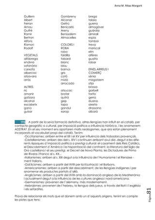 Anna M. Ribas Margarit
Pàgina
81
Guillem Gombreny brega
Albert Alcanar talaia
Ferran Geltrú guerra
Arnau Benicarló almogàver
Guifré Areny guàrdia
Ramir Benissalem almirall
Bertran Almacelles espia
Alfons tambor
Ramon COLORS I treva
Rodolf ROBA mariscal
roba elm
VEGETALS faldilla alfères
alfàbrega tabard guaita
endívia blanc robar
safanòria blau
carxofa barnús EINES,ARREUS I
albercoc gris COMERÇ
atzavara cotó sènia
arròs midó magatzem
arracada sitja
ALTRES brossa
ric atzucac garbell
amanir brotar tarifa
gatzara quitrà gerra
alcohol gep duana
escabetx tapa aixeta
gana gandul drassana
guisar xarop albarà
____193 A partir de la seva formació definitiva, altres llengües han influït en el català, per
contacte geogràfic o cultural, per imposició política o influència històrica, i les anomenem
ADSTRAT .En el seu moment ens aportaren molts neologismes, que ara estan plenament
incorporats al vocabulari propi del català. Tenim:
-Occitanismes: arriben entre el XII i el XV per influència dels trobadors provençals.
-Castellanismes: arriben des del s. XIV i continuen arribant avui dia ,degut a les dife-
rents èpoques d´imposició política o prestigi cultural: el casament dels Reis Catòlics,
el Descobriment d´Amèrica i la hispanització del continent, la literatura del Siglo de
Oro castellana i el seu prestigi, el Decret de Nova Planta, les Dictadures de Primo
de Rivera i Franco al s. XX...
-Italianismes: arriben al s. XIII degut a la influència de l´Humanisme i el Renaixe -
ment italians.
-Gal.licismes: arriben a partir del XVIII per la Il.lustració i el Borbons.
-Americanismes: arriben a partir del descobriment, de les llengües indígenes i per
anomenar els productes portats d´allà.
-Anglicismes: arriben a partir del XVIII amb la dominació anglesa de la Mediterrània
i actualment degut a la influència de les cultures anglesa i nord-americana.
-Germanismes: provenen de l´alemany, més modernament.
-Hebraïsmes: provenen de l´hebreu, la llengua dels jueus, a través del llatí i l´església
i els sefardites.
Prova de relacionar els mots que et donem amb un d´aquests origens, tenint en compte
les pistes que tens:
 