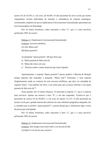 101
acertos foi de 55,55% e o de erros, de 44,44%. O alto percentual de erros revela que muitos
respondentes tiveram dificuldade de entender a redundância da resposta tautológica,
corroborando a hipótese de que as Implicaturas Conversacionais Generalizadas apresentam um
nível intermediário de dificuldade.
Dos 18 alunos brasileiros, todos marcaram a letra “c”, que é a mais provável,
perfazendo 100% de acertos.
Diálogo 11: (Implicatura Conversacional Generalizada)
Contexto: conversa telefônica.
(A) Alô, Maria está?
(B) Quem gostaria?
Ao perguntar “quem gostaria”, (B) quis dizer que:
a) Maria gostaria de falar com ela.
b) Maria não estava em casa.
c) Precisava saber o nome da pessoa que estava ligando.
Aparentemente, a resposta “Quem gostaria”? parece quebrar a Máxima de Relação
porque aparenta não responder à pergunta, “Maria está”? Entretanto, é uma resposta
freqüentemente usada no contexto de uma conversa telefônica, que deve ser entendida da
seguinte forma: “você poderia me dizer o seu nome para que eu possa informar a (A) quem
gostaria de falar com ela”?
Nesta questão, dos 18 alunos chineses, 16 marcaram a resposta “c”, que é a resposta
mais provável. Apenas um marcou a letra “b”, e um não respondeu. Verifica-se que o
percentual de acertos foi de 88,88% e o de erros de apenas 11,11%. O alto percentual de
acertos revela que a grande maioria dos chineses fez uma inferência pragmática adequada, isto
é, entendeu que ao proferir “quem gostaria?”, a pessoa deseja que o interlocutor diga o nome
da pessoa que está ligando.
Dos 18 alunos brasileiros, todos marcaram a letra “c”, que é a mais provável,
perfazendo 100% de acertos.
Diálogo 12: (Implicatura Conversacional Generalizada)
Contexto: dois amigos conversam sobre a cor da casa de (B).
(A) Qual é a cor da tua casa, mesmo?
 