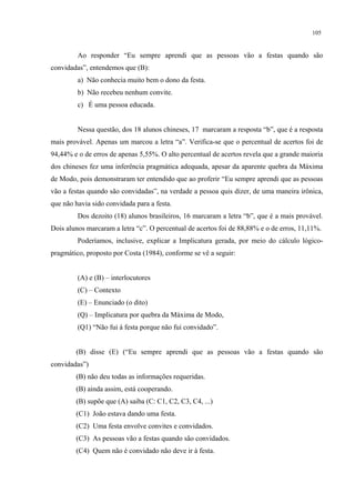 105
Ao responder “Eu sempre aprendi que as pessoas vão a festas quando são
convidadas”, entendemos que (B):
a) Não conhecia muito bem o dono da festa.
b) Não recebeu nenhum convite.
c) É uma pessoa educada.
Nessa questão, dos 18 alunos chineses, 17 marcaram a resposta “b”, que é a resposta
mais provável. Apenas um marcou a letra “a”. Verifica-se que o percentual de acertos foi de
94,44% e o de erros de apenas 5,55%. O alto percentual de acertos revela que a grande maioria
dos chineses fez uma inferência pragmática adequada, apesar da aparente quebra da Máxima
de Modo, pois demonstraram ter entendido que ao proferir “Eu sempre aprendi que as pessoas
vão a festas quando são convidadas”, na verdade a pessoa quis dizer, de uma maneira irônica,
que não havia sido convidada para a festa.
Dos dezoito (18) alunos brasileiros, 16 marcaram a letra “b”, que é a mais provável.
Dois alunos marcaram a letra “c”. O percentual de acertos foi de 88,88% e o de erros, 11,11%.
Poderíamos, inclusive, explicar a Implicatura gerada, por meio do cálculo lógico-
pragmático, proposto por Costa (1984), conforme se vê a seguir:
(A) e (B) – interlocutores
(C) – Contexto
(E) – Enunciado (o dito)
(Q) – Implicatura por quebra da Máxima de Modo,
(Q1) “Não fui à festa porque não fui convidado”.
(B) disse (E) (“Eu sempre aprendi que as pessoas vão a festas quando são
convidadas”)
(B) não deu todas as informações requeridas.
(B) ainda assim, está cooperando.
(B) supõe que (A) saiba (C: C1, C2, C3, C4, ...)
(C1) João estava dando uma festa.
(C2) Uma festa envolve convites e convidados.
(C3) As pessoas vão a festas quando são convidados.
(C4) Quem não é convidado não deve ir à festa.
 