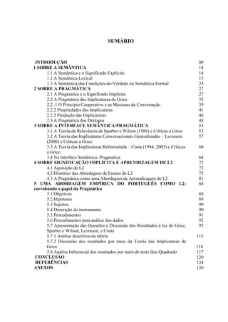 UWOıTKQ"
"
"KPVTQFWÑ’Q" 09
3"UQDTG"C"UGOÛPVKEC" 14
1.1 A Semântica e o Significado Explícito 14
1.2 A Semântica Lexical 15
1.3 A Semântica das Condições-de-Verdade ou Semântica Formal 23
4"UQDTG"C"RTCIOıVKEC" 27
2.1 A Pragmática e o Significado Implícito 27
2.2 A Pragmática das Implicaturas de Grice 35
2.2 .1 O Princípio Cooperativo e as Máximas da Conversação 39
2.2.2 Propriedades das Implicaturas 41
2.2.3 Produção das Implicaturas 46
2.3 A Pragmática dos Diálogos 48
5"UQDTG"C"KPVGTHCEG"UGOÛPVKEC1RTCIOıVKEC" 53
3.1 A Teoria da Relevância de Sperber e Wilson (1986) e Críticas a Grice 53
3.2 A Teoria das Implicaturas Conversacionais Generalizadas – Levinson
(2000) e Críticas a Grice
57
3.3 A Teoria das Implicaturas Reformulada – Costa (1984, 2005) e Críticas
a Grice
60
3.4 Na Interface Semântica- Pragmática 64
6"UQDTG"UKIPKHKECÑ’Q"KORN¯EKVC"G"CRTGPFKCIGO"FG"N4" 72
4.1 Aquisição de L2 72
4.2 Histórico das Abordagens de Ensino de L2 75
4.3 A Pragmática como uma Abordagem de Aprendizagem de L2 81
7" WOC" CDQTFCIGO" GOR¯TKEC" FQ" RQTVWIWÙU" EQOQ" N4<"
eqttqdcpfq"q"rcrgn"fc"Rtcioâvkec"
88
5.1 Objetivos 88
5.2 Hipóteses 89
5.3 Sujeitos 90
5.4 Descrição do instrumento 90
5.5 Procedimentos 91
5.6 Procedimentos para análise dos dados 92
5.7 Apresentação das Questões e Discussão dos Resultados à luz de Grice,
Sperber e Wilson, Levinson, e Costa
92
5.7.1 Análise descritiva da tabela 115
5.7.2 Discussão dos resultados por meio da Teoria das Implicaturas de
Grice 116
5.8 Análise Inferencial dos resultados por meio do teste Qui-Quadrado 117
"EQPENWU’Q" 120
"TGHGTÙPEKCU" 124
CPGZQU" 130
"
 