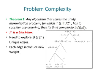 Problem ComplexityTheorem 1: Any algorithm that solves the utility maximization problem, for which                     , has to consider any ordering, thus its time complexity is            .     is a black-box.  Need to explore 	Unique edges.Each edge introduce new	Weight.