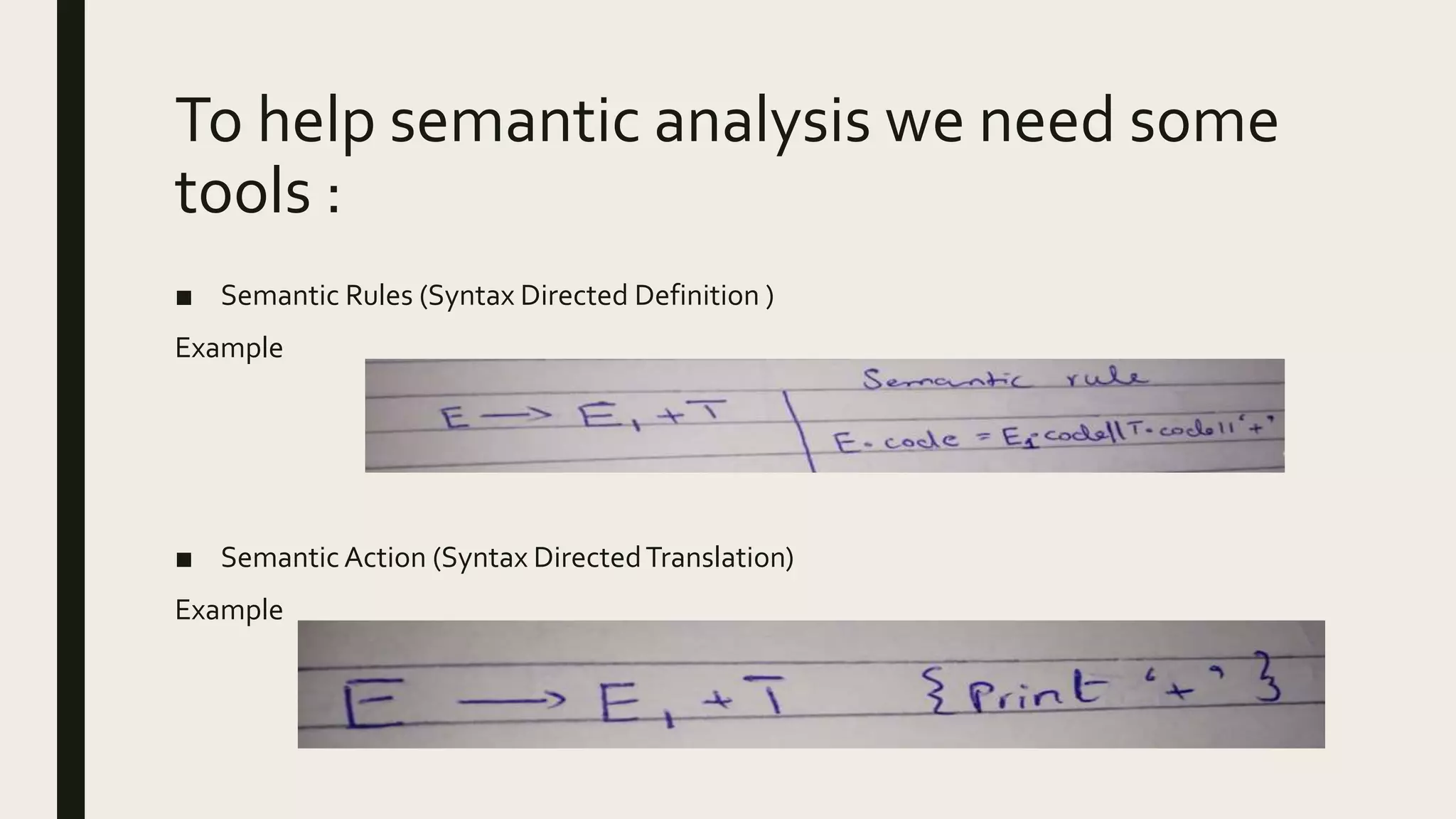 To help semantic analysis we need some
tools :
■ Semantic Rules (Syntax Directed Definition )
Example
■ Semantic Action (Syntax DirectedTranslation)
Example