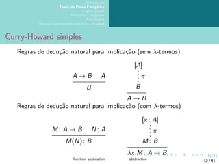 12/41
Introdução
Teoria da Prova Categórica
Lógica Linear
Dialectica Categories
Conclusões
Outras Correspondências Curry-Howard
Curry-Howard simples
Regras de dedução natural para implicação (sem λ-termos)
A → B A
B
[A]
·
·
·
·
π
B
A → B
Regras de dedução natural para implicação (com λ-termos)
M : A → B N : A
M(N): B
[x : A]
·
·
·
·
π
M : B
λx.M : A → B
function application abstraction
12 / 41
 