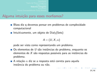 27/41
Introdução
Teoria da Prova Categórica
Lógica Linear
Dialectica Categories
Conclusões
Outras Correspondências Curry-Howard
Alguma intuição para esses morfismos?
Blass diz q devemos pensar em problemas de complexidade
computacional
Intuitivamente, um objeto de Dial2(Sets)
A = (U, X, α)
pode ser visto como representando um problema.
Os elementos de U são instâncias do problema, enquanto os
elementos de X são respostas possı́veis para as instâncias do
problema.
A relação α diz se a resposta está correta para aquela
instância do problema ou não.
27 / 41
 