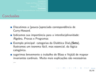 33/41
Introdução
Teoria da Prova Categórica
Lógica Linear
Dialectica Categories
Conclusões
Outras Correspondências Curry-Howard
Conclusões
Discutimos a (pouco-)apreciada correspondência de
Curry-Howard.
Indicamos sua importância para a interdisciplinaridade:
Álgebra, Provas e Programas
Exemplo principal: categorias da Dialética Dial2(Sets),
Ilustramos um teorema fácil, mas essencial, da lógica
categórica.
sugerimos brevemente o trabalho de Blass e Vojtáš de mapear
invariantes cardinais. Muito mais explicações são necessárias
...
33 / 41
 