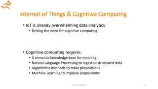 Internet of Things & Cognitive Computing
• IoT is already overwhelming data analytics
• Driving the need for cognitive computing
• Cognitive computing requires
• A semantic knowledge base for meaning
• Natural Language Processing to ingest unstructured data
• Algorithmic methods to make propositions
• Machine Learning to improve propositions
Semantic Software 11
 