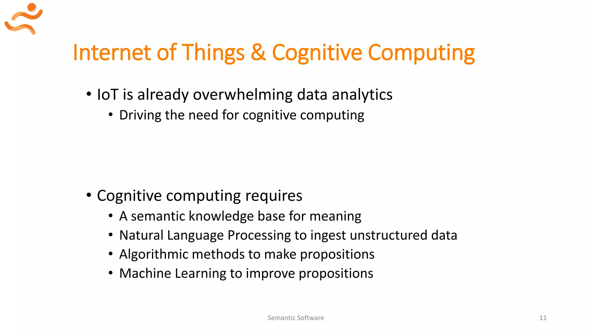 Internet of Things & Cognitive Computing
• IoT is already overwhelming data analytics
• Driving the need for cognitive computing
• Cognitive computing requires
• A semantic knowledge base for meaning
• Natural Language Processing to ingest unstructured data
• Algorithmic methods to make propositions
• Machine Learning to improve propositions
Semantic Software 11
 