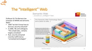 The “Intelligent” Web
Semantic Software 21
Professor Sir Tim Berners-Lee
(inventor of WWW and Semantic
Web)”
• 1999 “we don’t know how to
do trust, security and proof
• In 2006, TBL and colleagues:
"This simple idea...remains
largely unrealized".
• Rust, security and proof
recently reaffirmed as
“unrealized technologies”
 