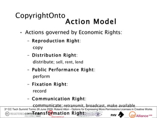 CopyrightOnto
                                                 Action Model
            • Actions governed by Economic Rights:
                  – Reproduction Right:
                      copy
                  – Distribution Right:
                      distribute; sell, rent, lend
                  – Public Performance Right:
                      perform
                  – Fixation Right:
                      record
                  – Communication Right:
                      communicate; retransmit, broadcast, make available
3 CC Tech Summit Torino 26 June 2009: Roland Alton - Options for Expressing More Permissions Licenses in Creative Works
 rd


                  – Transformation Right:
 