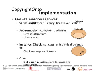 CopyrightOnto
                          Implementation
               • OWL-DL reasoners services:
                                                                                                   Pattern A
                     – Satisfiability: consistency, license verification

                                                                                                   Pattern B
                     – Subsumption: compute subclasses
                           • License interactions
                           • License search                                                         Pattern


                     – Instance Checking: class an individual belongs
                       to
                           • Check uses against licenses                                                   Use



                     – Other:
                          • Debugging, justifications for reasoning
3rd                           conclusions
      CC Tech Summit Torino 26 June 2009: Roland Alton - Options for Expressing More Permissions Licenses in Creative Works
 