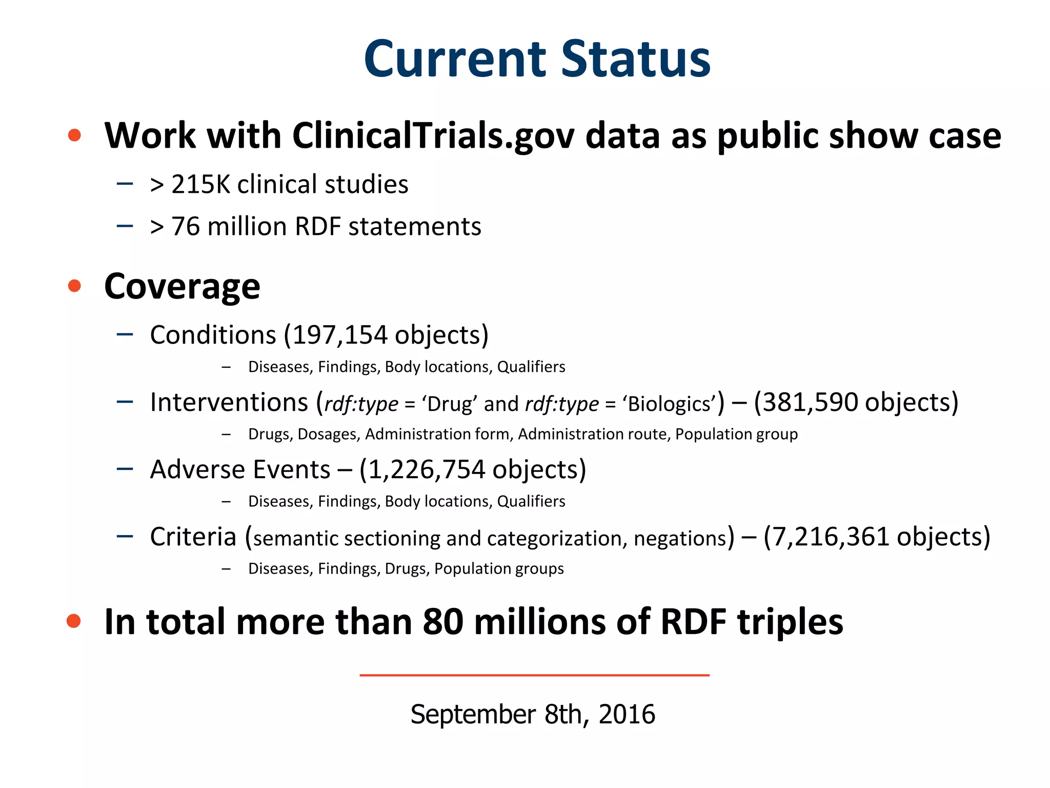 • Work with ClinicalTrials.gov data as public show case
– > 215K clinical studies
– > 76 million RDF statements
• Coverage
– Conditions (197,154 objects)
– Diseases, Findings, Body locations, Qualifiers
– Interventions (rdf:type = ‘Drug’ and rdf:type = ‘Biologics’) – (381,590 objects)
– Drugs, Dosages, Administration form, Administration route, Population group
– Adverse Events – (1,226,754 objects)
– Diseases, Findings, Body locations, Qualifiers
– Criteria (semantic sectioning and categorization, negations) – (7,216,361 objects)
– Diseases, Findings, Drugs, Population groups
• In total more than 80 millions of RDF triples
Current Status
September 8th, 2016
 