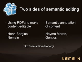 Two sides of semantic editing

•   Using RDFa to make         •   Semantic annotation
    content editable               of content

    Henri Bergius,                 Haymo Meran,
    Nemein                         Gentics

              http://semantic-editor.org/
 