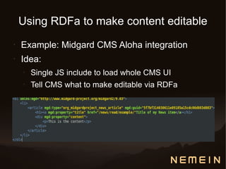 Using RDFa to make content editable
•   Example: Midgard CMS Aloha integration
•   Idea:
    •   Single JS include to load whole CMS UI
    •   Tell CMS what to make editable via RDFa
 
