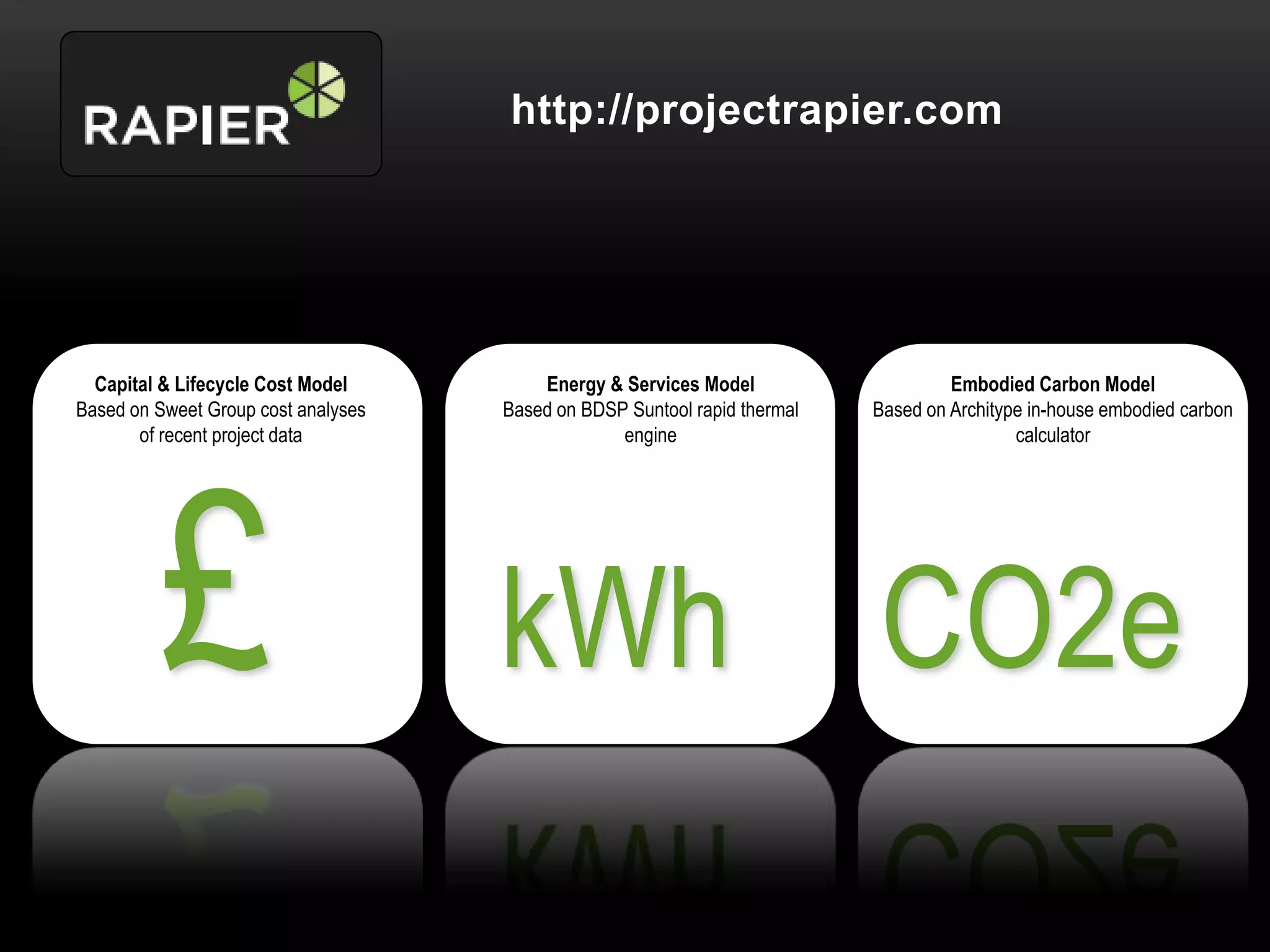 http://projectrapier.com




  Capital & Lifecycle Cost Model         Energy & Services Model                    Embodied Carbon Model
Based on Sweet Group cost analyses   Based on BDSP Suntool rapid thermal   Based on Architype in-house embodied carbon
       of recent project data                     engine                                    calculator




         £                           kWh                                   CO2e
 