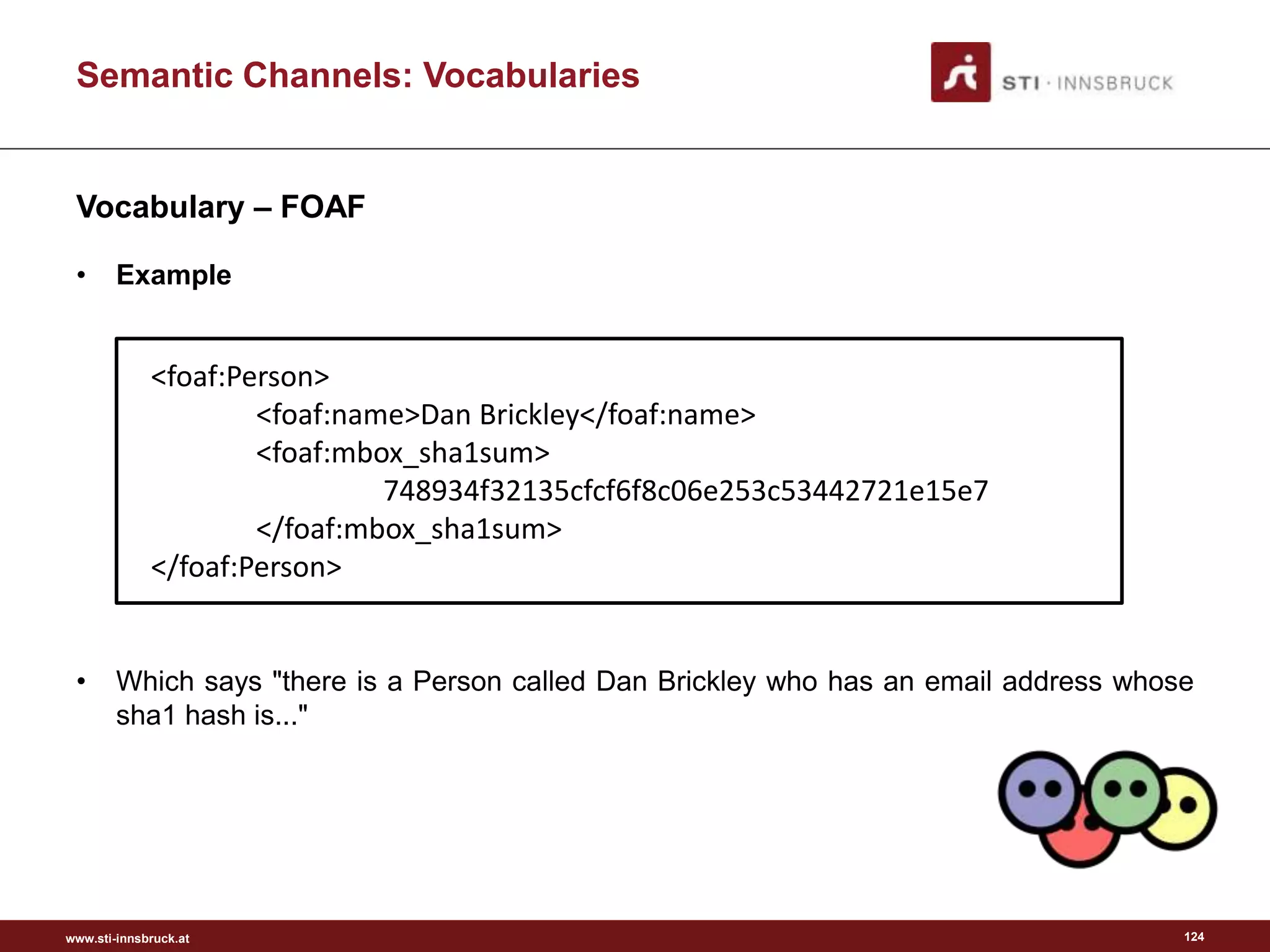 www.sti-innsbruck.at
Semantic Channels: Vocabularies
Vocabulary – FOAF
• Example
• Which says "there is a Person called Dan Brickley who has an email address whose
sha1 hash is..."
124
<foaf:Person>
<foaf:name>Dan Brickley</foaf:name>
<foaf:mbox_sha1sum>
748934f32135cfcf6f8c06e253c53442721e15e7
</foaf:mbox_sha1sum>
</foaf:Person>
 