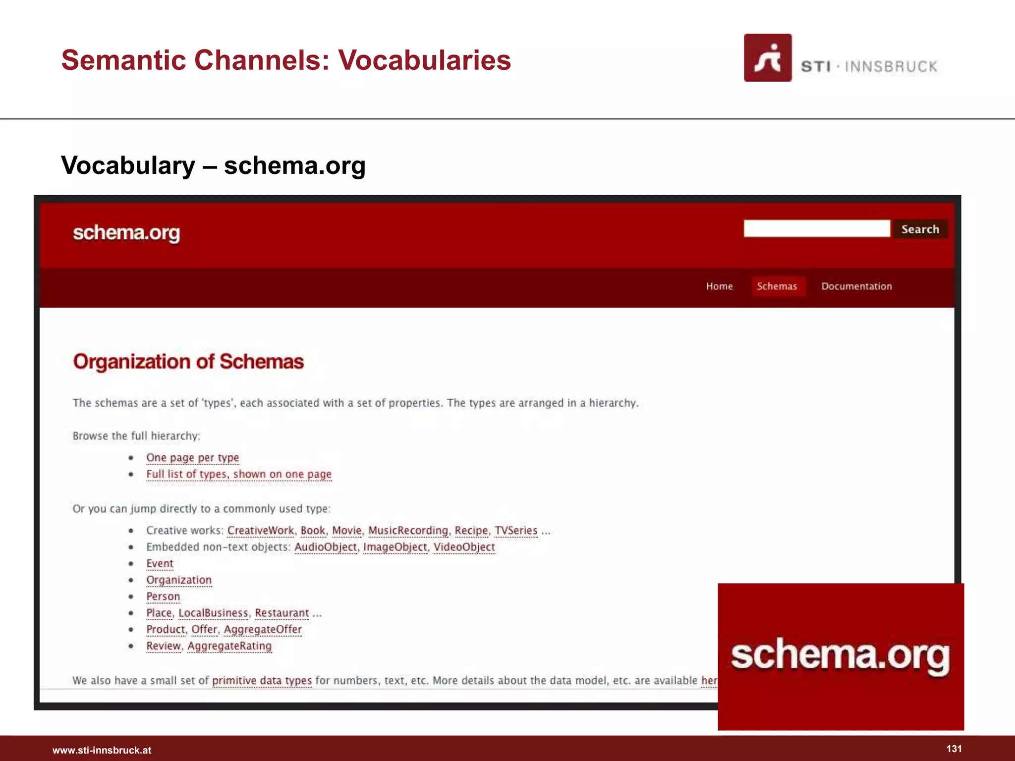www.sti-innsbruck.at
Semantic Channels: Vocabularies
Vocabulary – schema.org
131
 