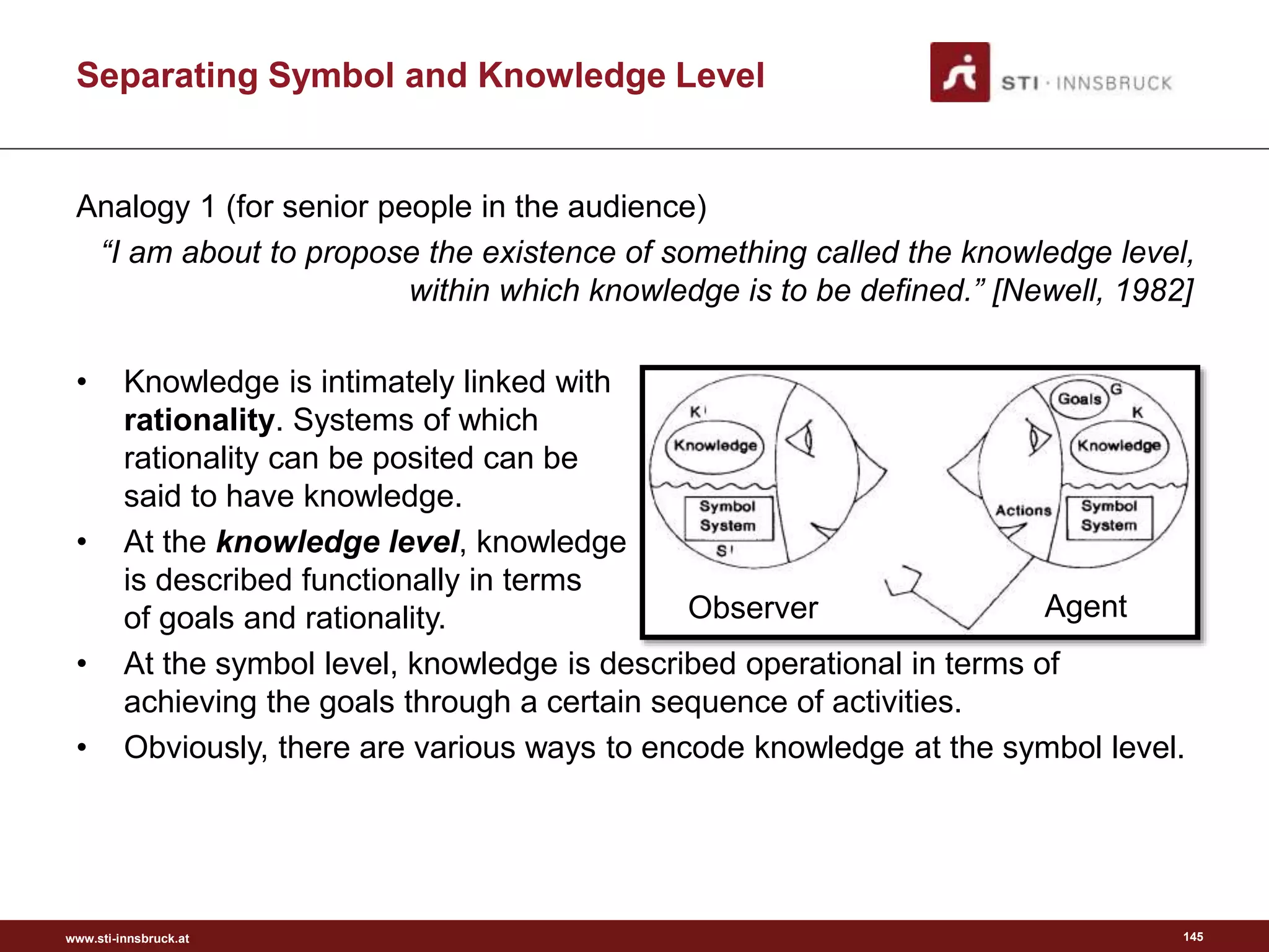 www.sti-innsbruck.at
Separating Symbol and Knowledge Level
Analogy 1 (for senior people in the audience)
“I am about to propose the existence of something called the knowledge level,
within which knowledge is to be defined.” [Newell, 1982]
• Knowledge is intimately linked with
rationality. Systems of which
rationality can be posited can be
said to have knowledge.
• At the knowledge level, knowledge
is described functionally in terms
of goals and rationality.
• At the symbol level, knowledge is described operational in terms of
achieving the goals through a certain sequence of activities.
• Obviously, there are various ways to encode knowledge at the symbol level.
145
Observer Agent
 