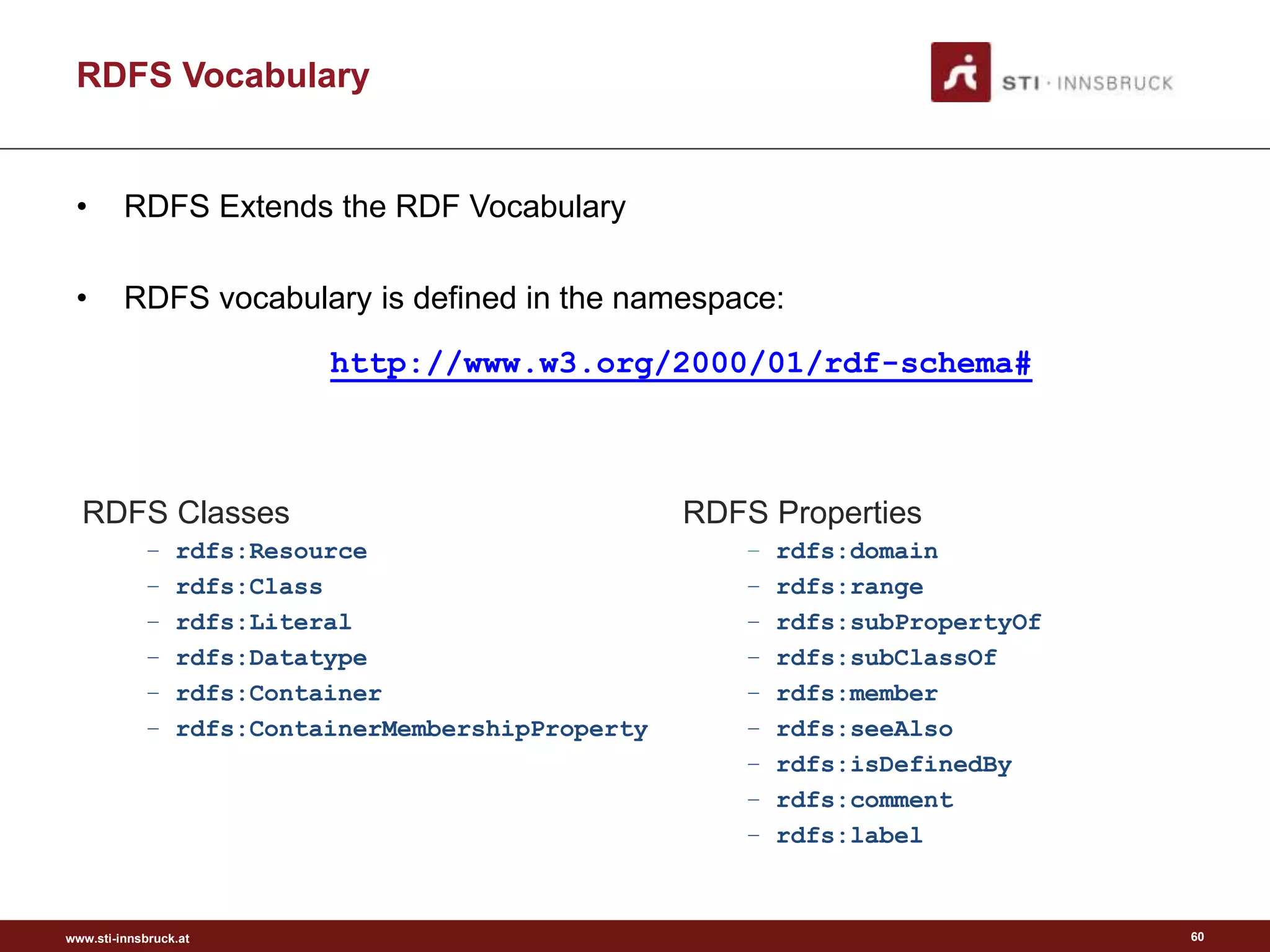 www.sti-innsbruck.at
RDFS Vocabulary
RDFS Classes
– rdfs:Resource
– rdfs:Class
– rdfs:Literal
– rdfs:Datatype
– rdfs:Container
– rdfs:ContainerMembershipProperty
RDFS Properties
– rdfs:domain
– rdfs:range
– rdfs:subPropertyOf
– rdfs:subClassOf
– rdfs:member
– rdfs:seeAlso
– rdfs:isDefinedBy
– rdfs:comment
– rdfs:label
• RDFS Extends the RDF Vocabulary
• RDFS vocabulary is defined in the namespace:
http://www.w3.org/2000/01/rdf-schema#
60
 