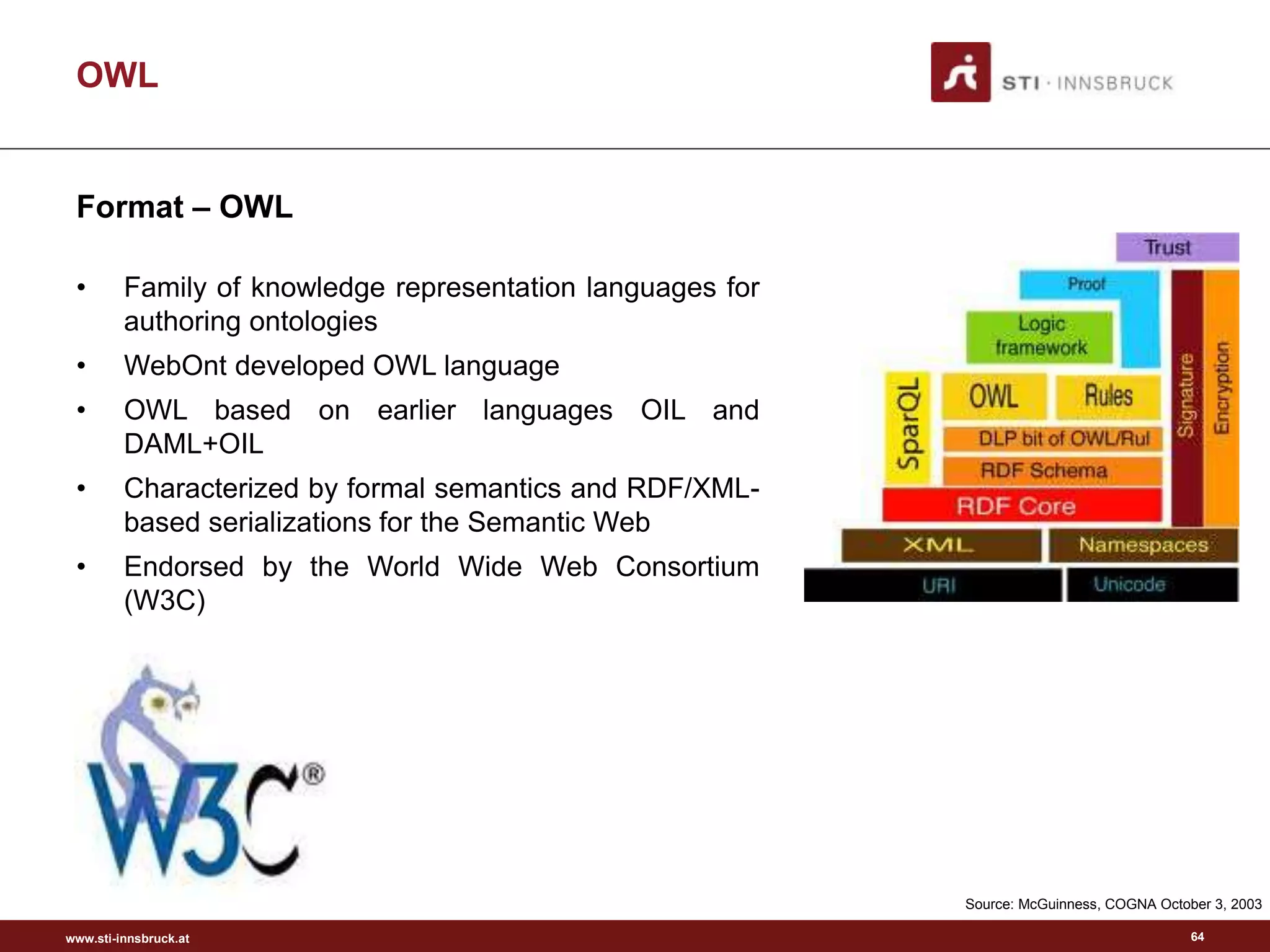 www.sti-innsbruck.at
OWL
Format – OWL
• Family of knowledge representation languages for
authoring ontologies
• WebOnt developed OWL language
• OWL based on earlier languages OIL and
DAML+OIL
• Characterized by formal semantics and RDF/XML-
based serializations for the Semantic Web
• Endorsed by the World Wide Web Consortium
(W3C)
Source: McGuinness, COGNA October 3, 2003
64
 