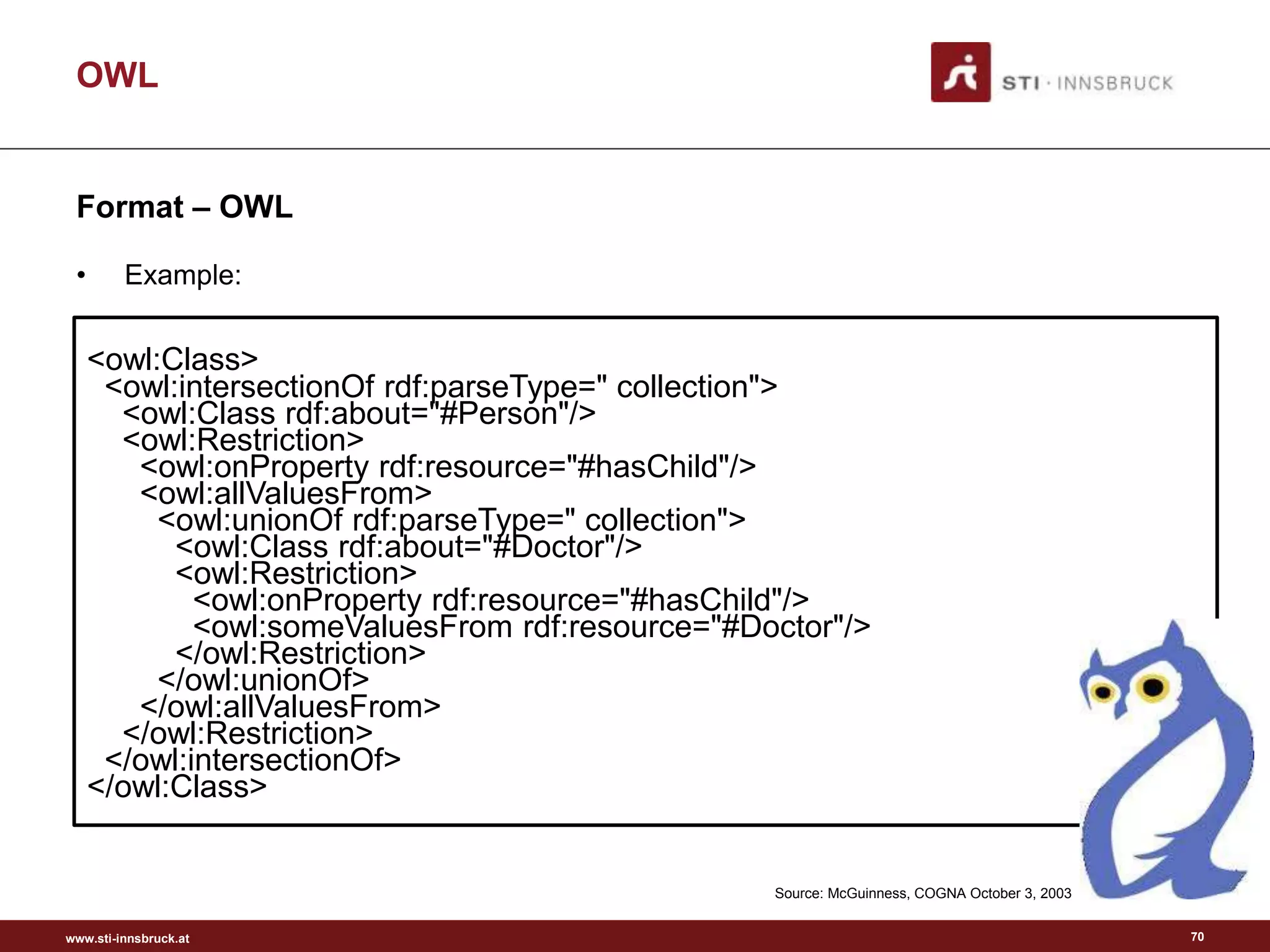 www.sti-innsbruck.at
OWL
Format – OWL
• Example:
Source: McGuinness, COGNA October 3, 2003
<owl:Class>
<owl:intersectionOf rdf:parseType=" collection">
<owl:Class rdf:about="#Person"/>
<owl:Restriction>
<owl:onProperty rdf:resource="#hasChild"/>
<owl:allValuesFrom>
<owl:unionOf rdf:parseType=" collection">
<owl:Class rdf:about="#Doctor"/>
<owl:Restriction>
<owl:onProperty rdf:resource="#hasChild"/>
<owl:someValuesFrom rdf:resource="#Doctor"/>
</owl:Restriction>
</owl:unionOf>
</owl:allValuesFrom>
</owl:Restriction>
</owl:intersectionOf>
</owl:Class>
70
 