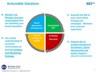 Copyright Bottom Line Analytics, LLC - All Rights Reserved, 2013
SEITM
7
Social Media
ROI
In-Market
Execution
Content
Strategy &
Insight
Brand
Reputation
Management
1) Quantify the ROI of
your social media
strategy and
campaigns. Monetise
your customer
experience
3) Use a deep
understanding of
consumer
conversations to
develop Content
and Marketing
Strategy
4) Monitor and
Manage consumer
conversations that
are impacting your
brand reputation.
2) Enhance the in-
market execution of
Promotions, Sports
Sponsorships and
events based on
consumer conversations
Actionable Solutions
 