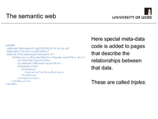 The semantic web Here special meta-data code is added to pages that describe the  relationships between that data. These are called  triples. 