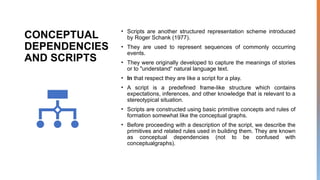 CONCEPTUAL
DEPENDENCIES
AND SCRIPTS
• Scripts are another structured representation scheme introduced
by Roger Schank (1977).
• They are used to represent sequences of commonly occurring
events.
• They were originally developed to capture the meanings of stories
or to "understand“ natural language text.
• In that respect they are like a script for a play.
• A script is a predefined frame-like structure which contains
expectations, inferences, and other knowledge that is relevant to a
stereotypical situation.
• Scripts are constructed using basic primitive concepts and rules of
formation somewhat like the conceptual graphs.
• Before proceeding with a description of the script, we describe the
primitives and related rules used in building them. They are known
as conceptual dependencies (not to be confused with
conceptualgraphs).
 