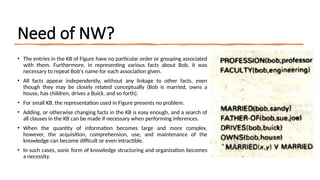 Need of NW?
• The entries in the KB of Figure have no particular order or grouping associated
with them. Furthermore, in representing various facts about Bob, it was
necessary to repeat Bob's name for each association given.
• All facts appear independently, without any linkage to other facts, even
though they may be closely related conceptually (Bob is married, owns a
house, has children, drives a Buick. and so forth).
• For small KB, the representation used in Figure presents no problem.
• Adding, or otherwise changing facts in the KB is easy enough, and a search of
all clauses in the KB can be made if necessary when performing inferences.
• When the quantity of information becomes large and more complex,
however, the acquisition, comprehension, use, and maintenance of the
knowledge can become difficult or even intractible.
• In such cases, sonic form of knowledge structuring and organization becomes
a necessity.
 