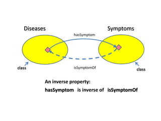Diseases                         Symptoms
                      hasSymptom




class                 isSymptomOf              class

          An inverse property:
          hasSymptom is inverse of isSymptomOf
 