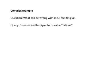 Complex example

Question: What can be wrong with me, I feel fatigue.

Query: Diseases and hasSymptoms value “fatique”
 
