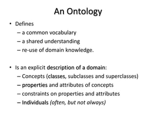 An Ontology
• Defines
   – a common vocabulary
   – a shared understanding
   – re-use of domain knowledge.

• Is an explicit description of a domain:
   – Concepts (classes, subclasses and superclasses)
   – properties and attributes of concepts
   – constraints on properties and attributes
   – Individuals (often, but not always)
 