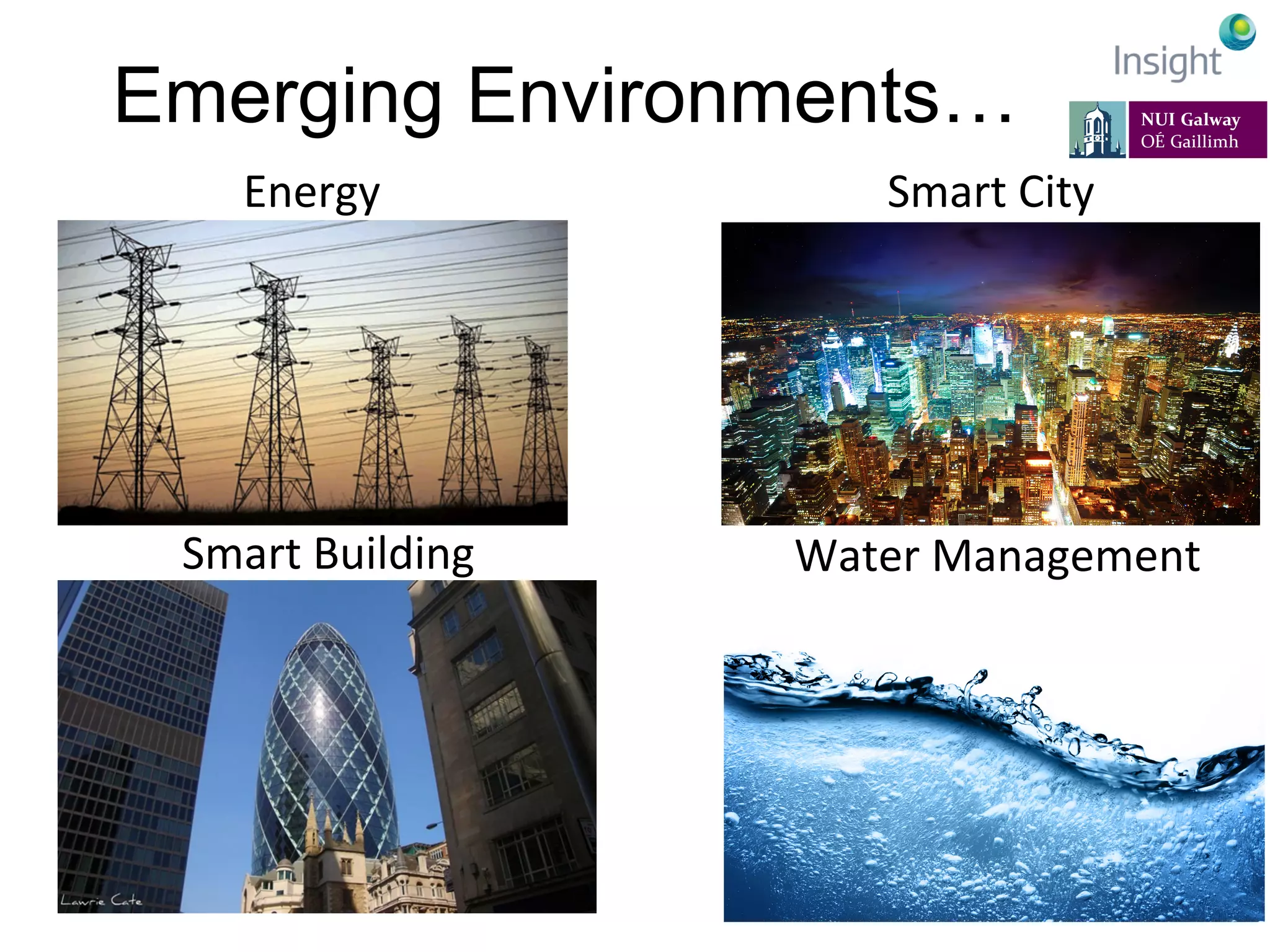 Emerging Environments…
Smart	
  City	
  Energy	
  
Smart	
  Building	
   Water	
  Management	
  
 