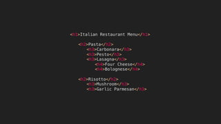 <h1>Italian Restaurant Menu</h1>
<h2>Pasta</h2>
<h3>Carbonara</h3>
<h3>Pesto</h3>
<h3>Lasagna</h3>
<h4>Four Cheese</h4>
<h4>Bolognese</h4>
<h2>Risotto</h2>
<h3>Mushroom</h3>
<h3>Garlic Parmesan</h3>
 