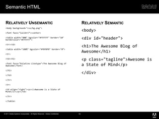 Semantic HTML<body background="css/bg.png"><font face="Calibri”><center><table width="800" bgcolor="#FFFFFF" border="10" bordercolor="#FFFFFF"><tr><td><tablewidth="100%" bgcolor="#f0f0f0" border="0“><tr><td><h1><fontface="Palatino Linotype">The Awesome Blog ofAwesome</font></h1></td></tr><tr>    <td align="right"><p><i>Awesome is a State of Mind</i></p></td></tr></table>10<body><div id="header"><h1>The Awesome Blog of Awesome</h1><p class="tagline">Awesome is a State of Mind</p></div>Relatively UnsemanticRelatively Semantic