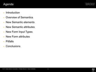 AgendaIntroductionOverview of SemanticsNew Semantic elements New Semantic attributes New Form Input TypesNew Form attributesPitfallsConclusions5