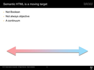 Semantic HTML is a moving targetNot BooleanNot always objectiveA continuum9