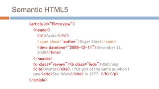 Semantic HTML5
<article id=“filmreview”>
<header>
<h1>Avatar</h1>
<span class=“author”>Roger Ebert</span>
<time datetime=“...