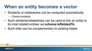 #EMEARC17
When an entity becomes a vector
? Similarity or relatedness can be computed automatically
C Cosine similarity
? Such similarity/relatedness can be used to link an entity to
its most related entities via schema:isRelatedTo
? Such links can be complementary to existing triples
 